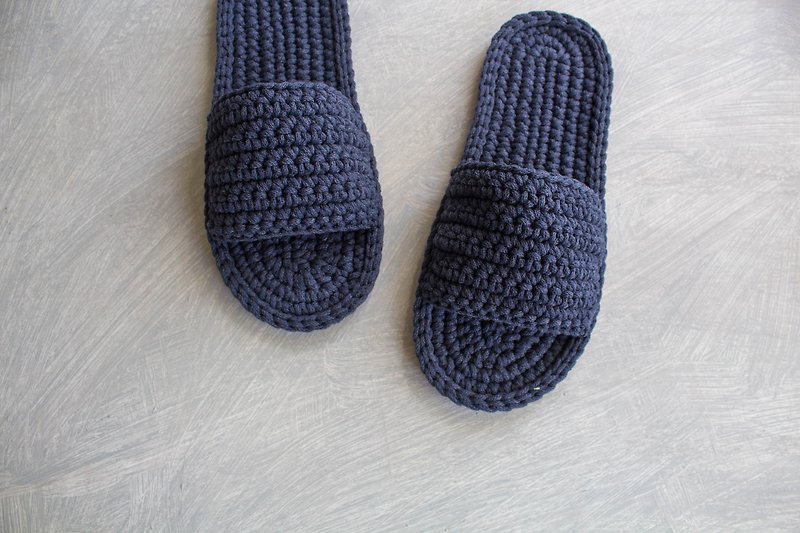 Slippers for men - Home slippers - Knitting shoes - รองเท้าแตะ - ผ้าฝ้าย/ผ้าลินิน สีน้ำเงิน