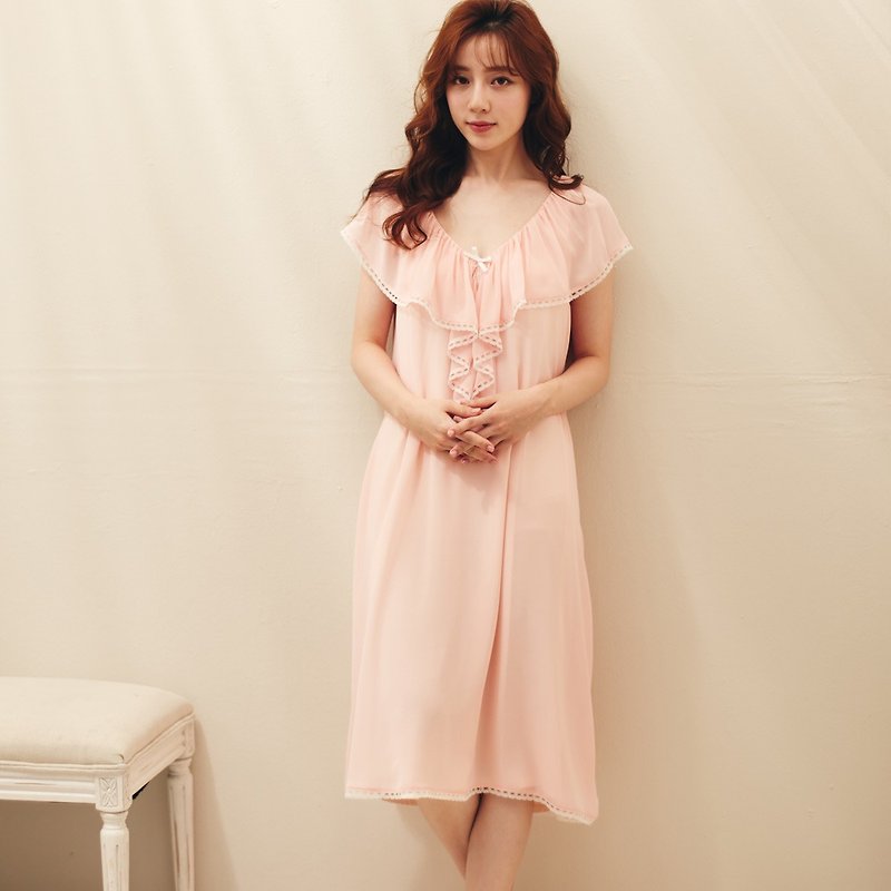 Polyester Loungewear & Sleepwear Pink - Bonnie Chiffon Home Outing Dress Built-in No Steel Ring Cup-Pink