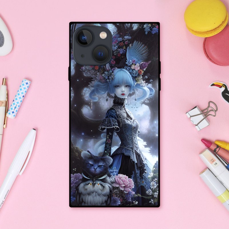 A cute witch with dark gothic clothes, glittering bird ears, and ornaments and flower lover. Square smartphone case [tempered glass finish] Compatible with iPhone 16 - เคส/ซองมือถือ - พลาสติก หลากหลายสี