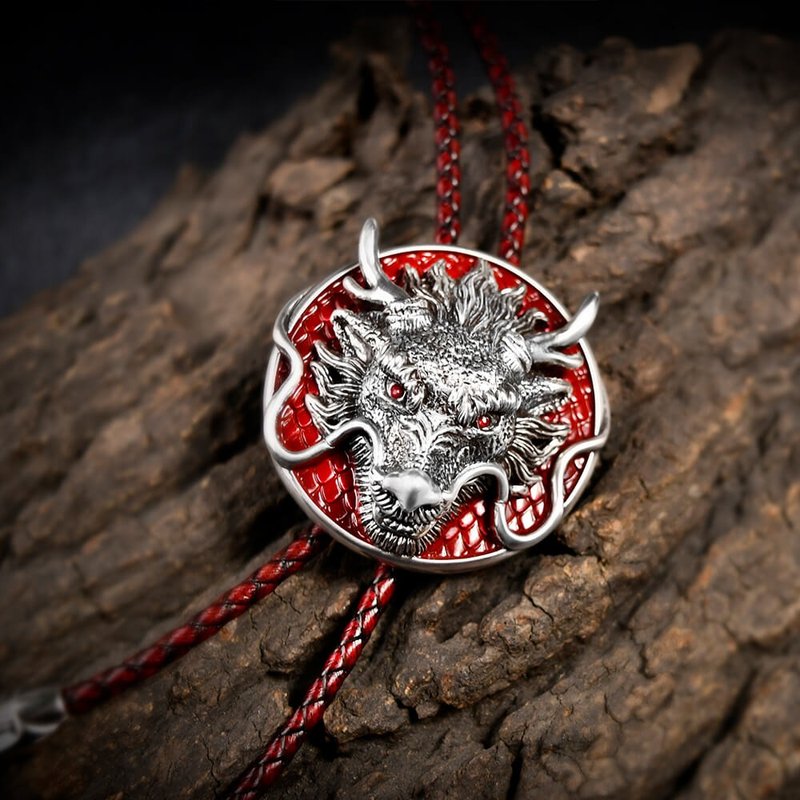 十二生肖 祥龍 龍年 保羅領帶 Bolo Tie 真皮 皮革領繩 長項鍊 - 領帶/領帶夾 - 真皮 銀色