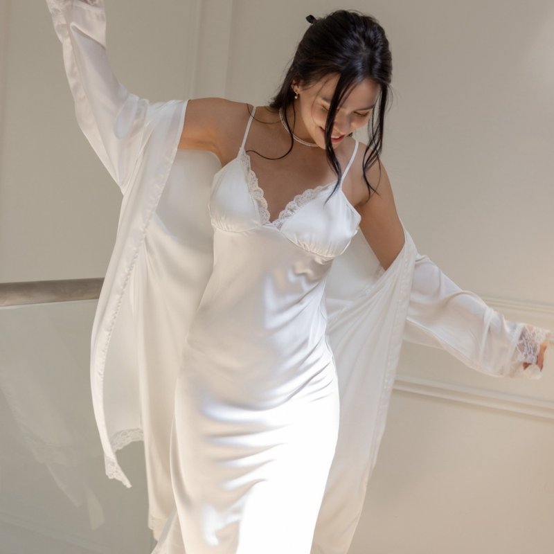 Greek Sleep | Breathable Satin Long Dress and Nightgown - Venus Pure White of Love and Beauty - ชุดนอน/ชุดอยู่บ้าน - วัสดุอื่นๆ ขาว