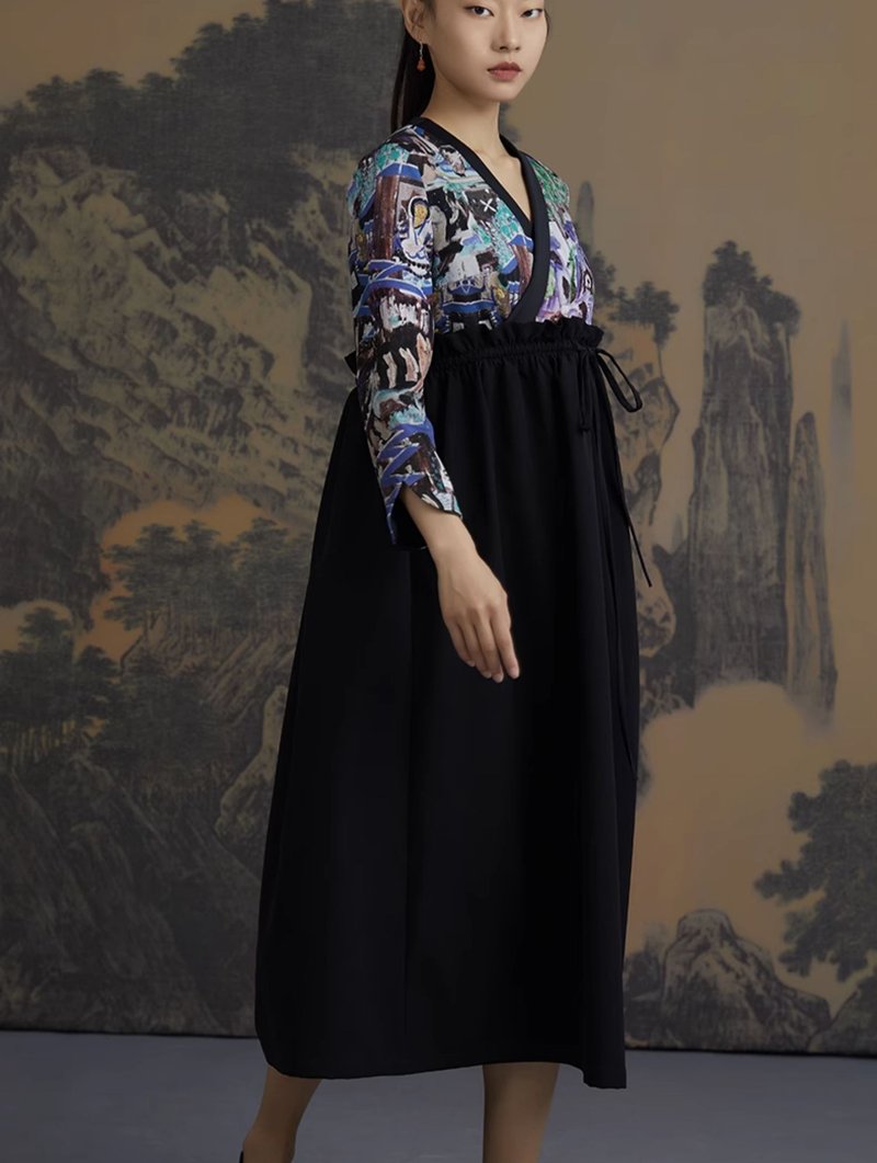 Fahua/New Chinese Oriental mural print midi skirt - One Piece Dresses - Polyester Black