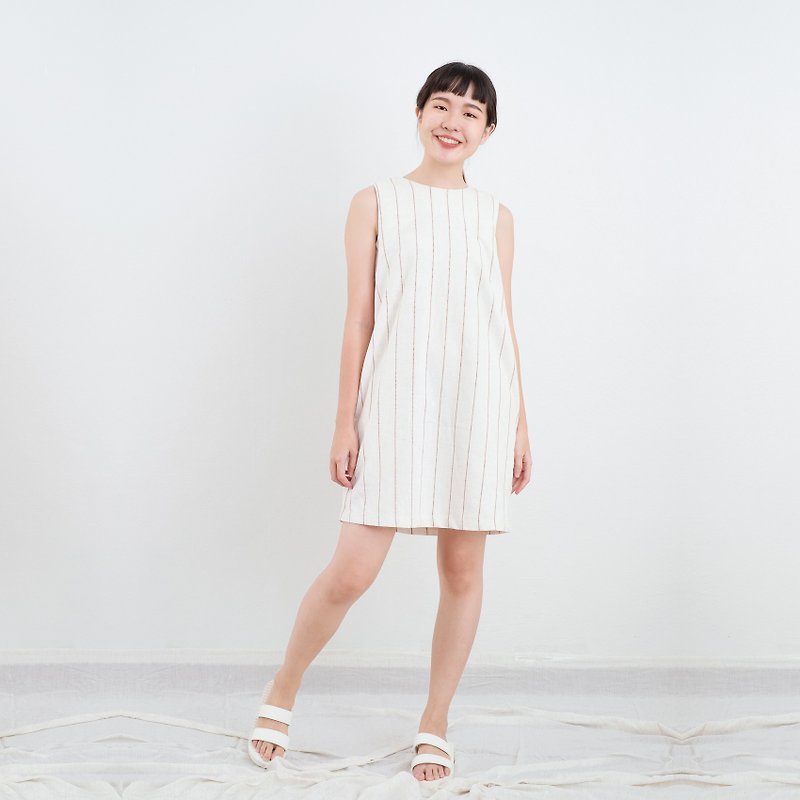 Beige Striped Rabbit Bow Linen Dress - One Piece Dresses - Linen Khaki
