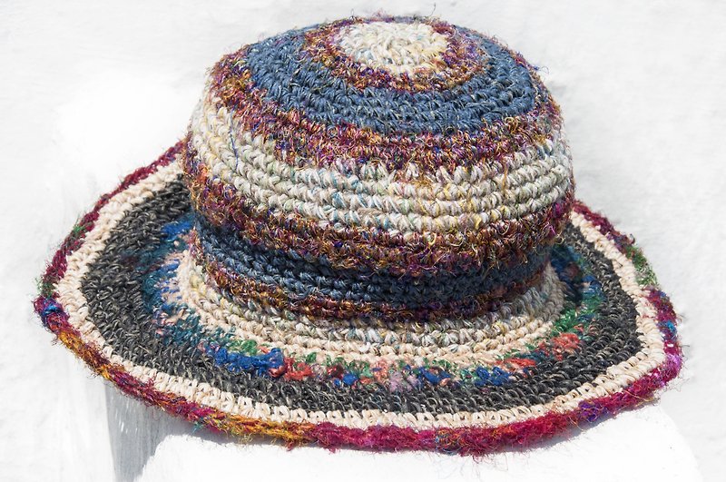Hand-woven cotton knit cap hat Linen straw hat visor cap climbing - Gradient line Sari - หมวก - ผ้าฝ้าย/ผ้าลินิน หลากหลายสี
