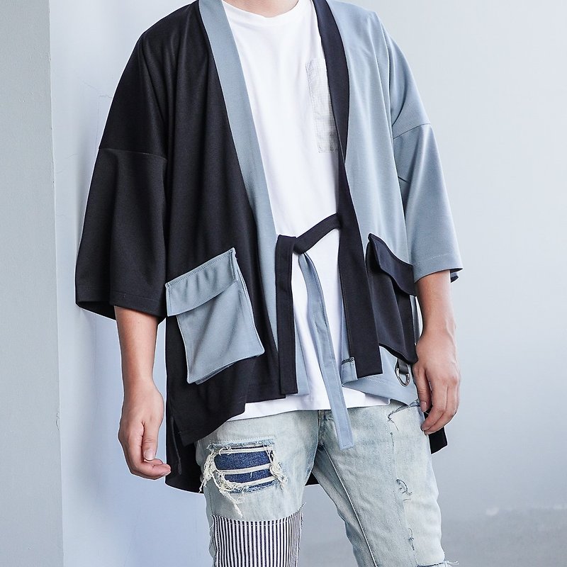 Men's Two Tone Oversized Noragi Jacket, Japan Kimono Cardigan, One Size Yukata - 男夾克/外套 - 聚酯纖維 黑色