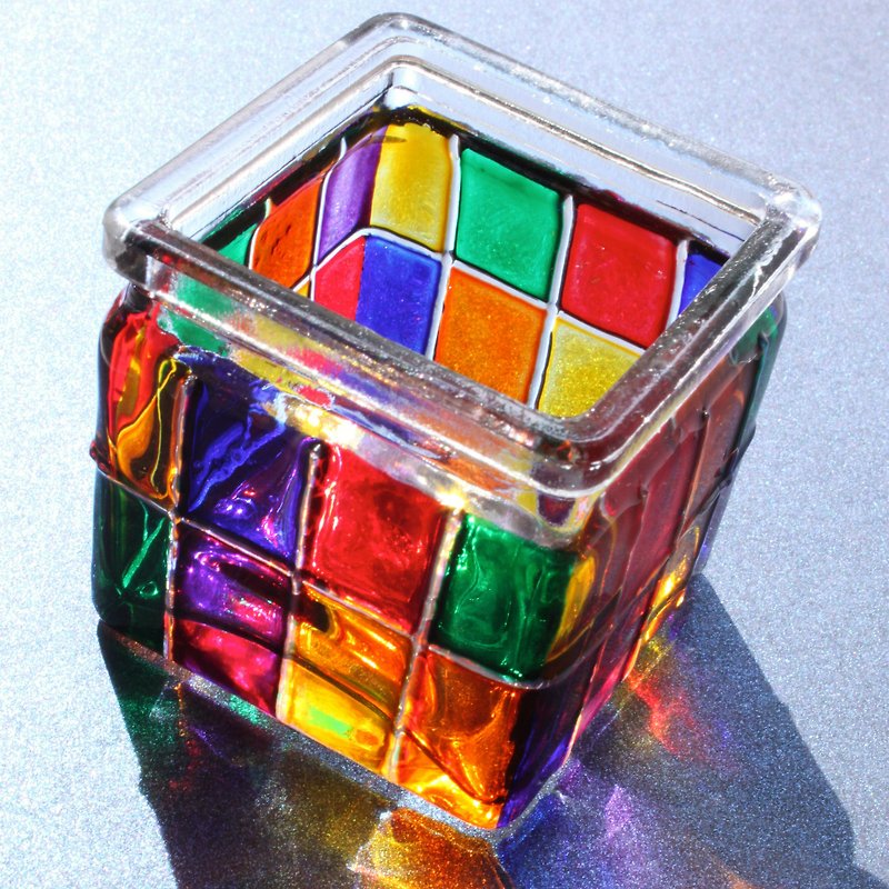 Hand Painted Rainbow Colour Stained Glass Flower Pot・Geometric Glass Flower Holder - Plants - Glass Multicolor