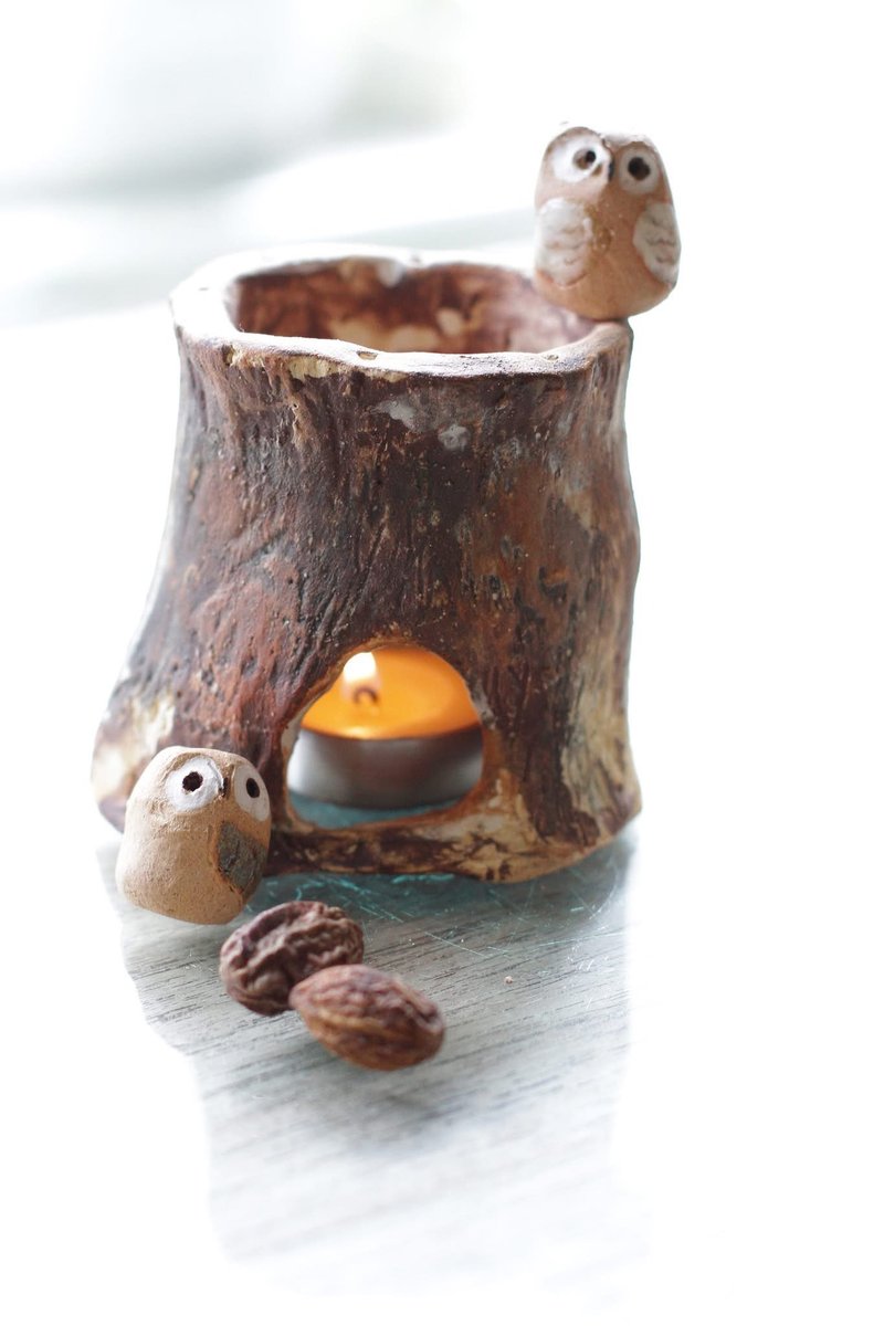 Hand-kneaded tree trunk-shaped ceramic candle holder - Candles & Candle Holders - Pottery Brown