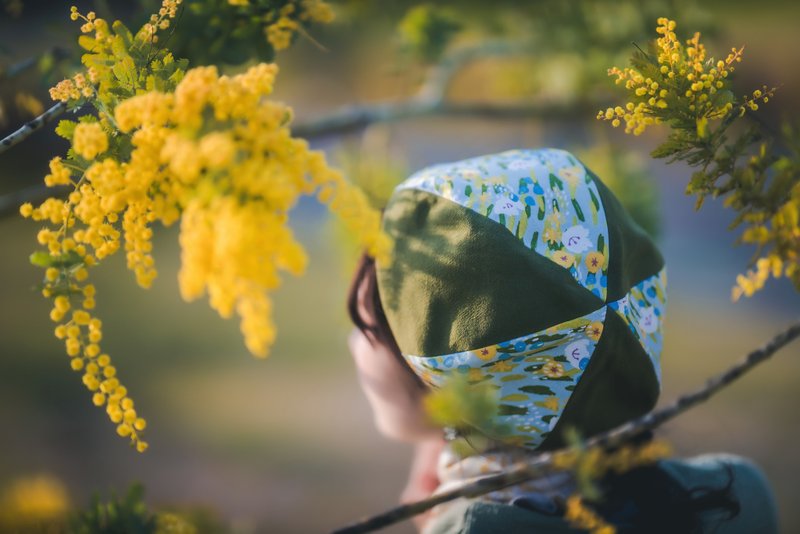 【花咲み】手工印花貝蕾帽/貝雷帽/畫家帽 - 帽子 - 棉．麻 綠色