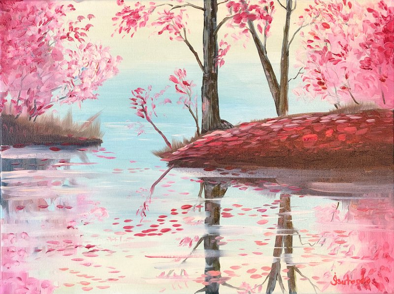 Fall Trees Painting Landscape Original Art Forest Oil Artwork Lake Wall Art - 海報/掛畫/掛布 - 其他材質 粉紅色