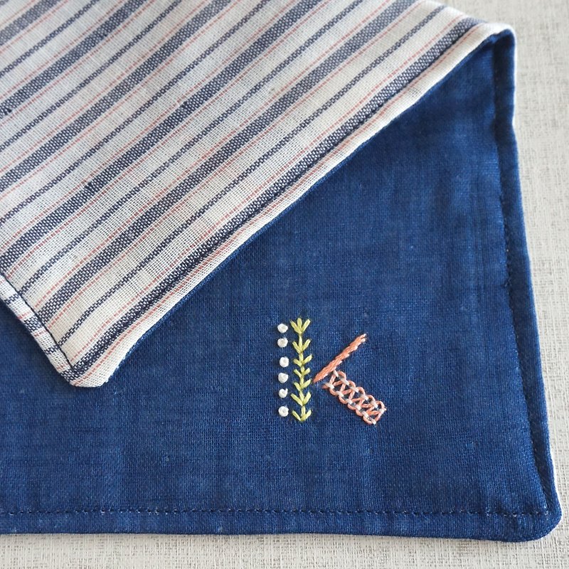 Hand embroidered quadruple gauze handkerchief  "initial/K" - Other - Thread Blue