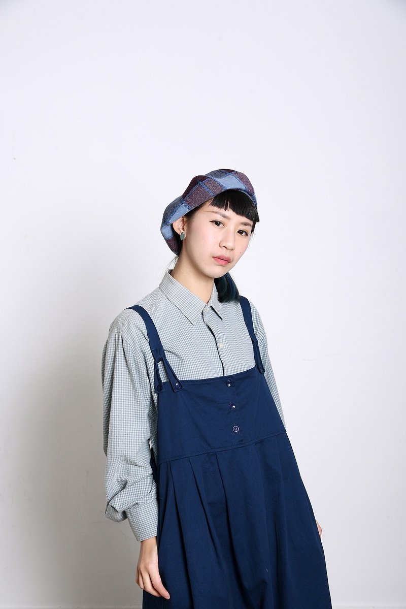  JOJA│貝雷 / 暗紫紅 x 淺藍 大格紋毛料 - 帽子 - 羊毛 藍色