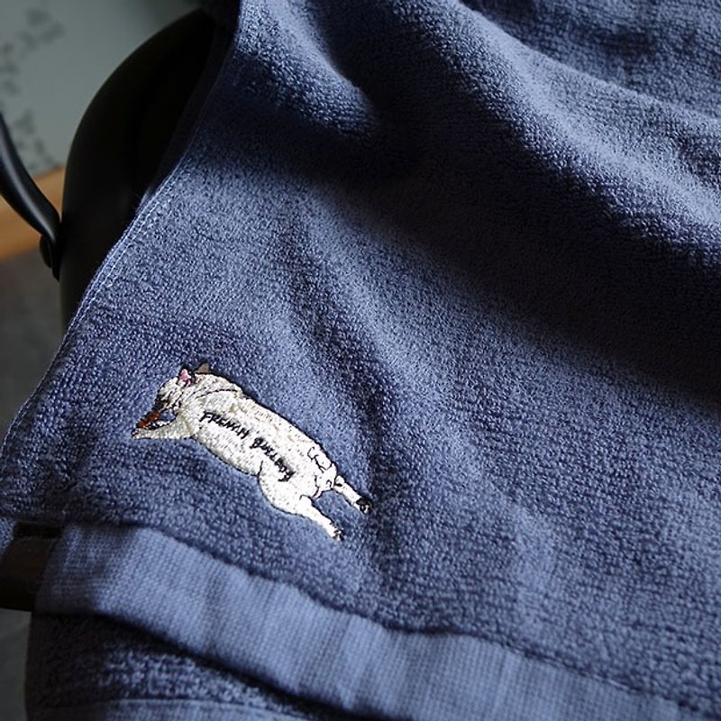 法國鬥牛犬藍灰色刺繡純棉毛巾 - 毛巾/浴巾 - 棉．麻 藍色