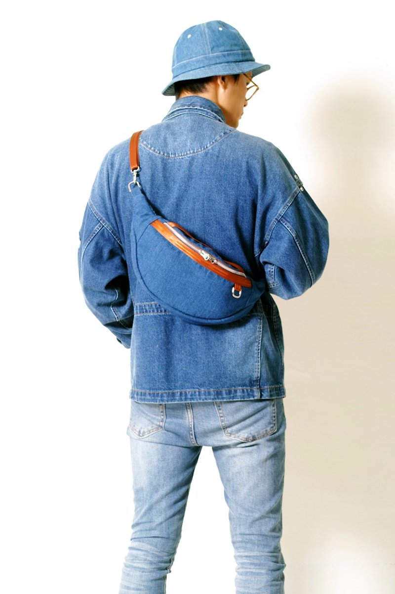 DENIM-手做丹寧牛仔帆布斜側揹/腰包 - 側背包/斜孭袋 - 棉．麻 藍色