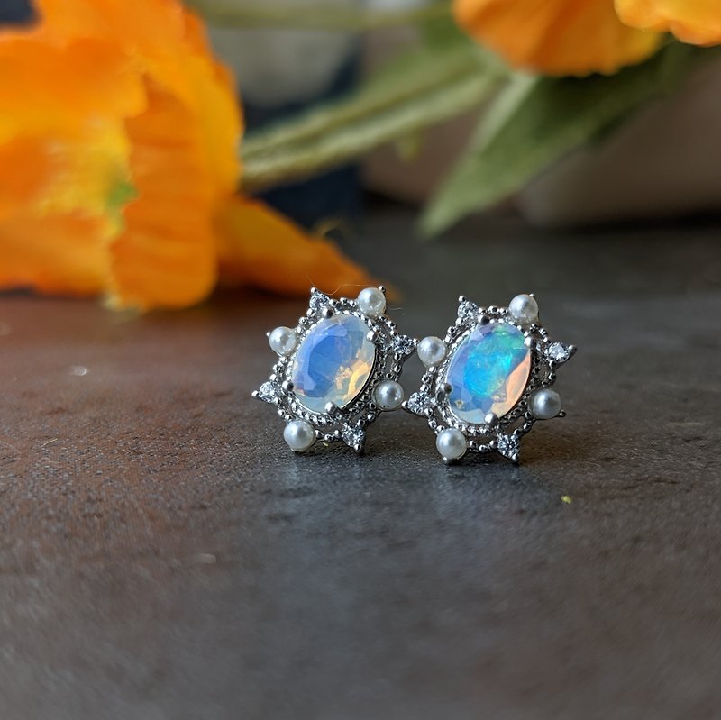|Flowers Series| Natural Faceted Opal Sterling Silver Stud Earrings Opal October Birthday Gift - Earrings & Clip-ons - Gemstone Silver