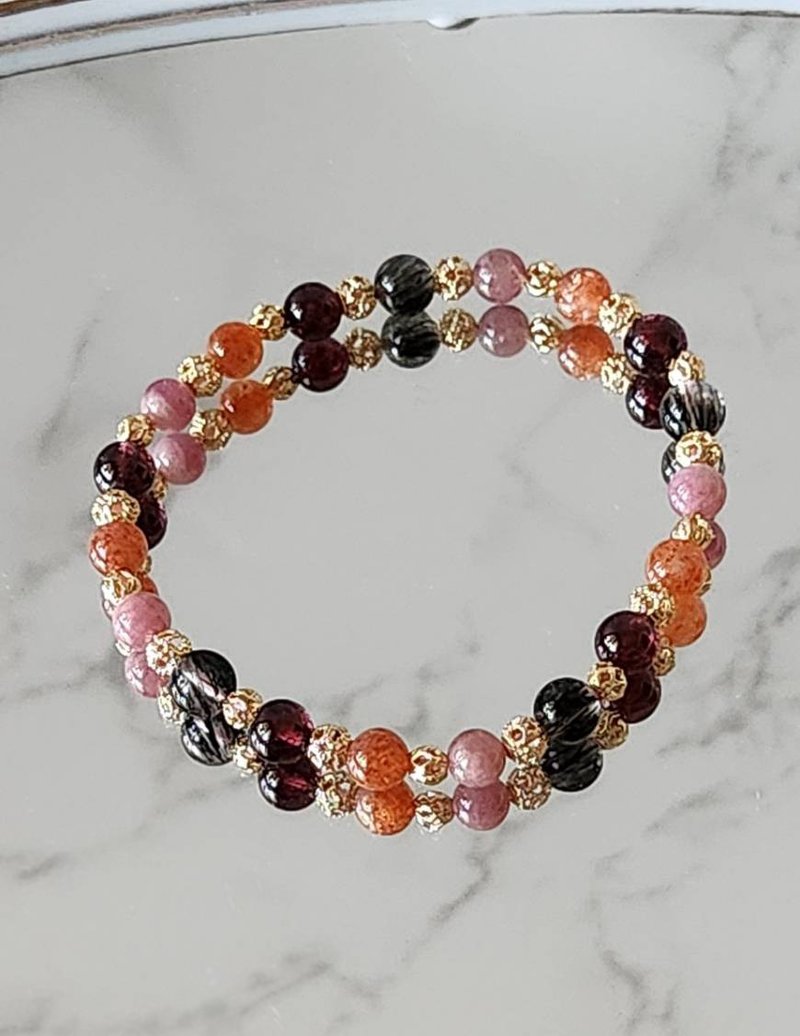 Ruby Tourmaline-Golden Sun- Stone-Black Hair Crystal Bracelet - สร้อยข้อมือ - คริสตัล สีแดง