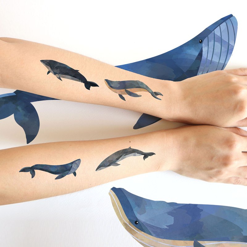 Blue whale sticker tattoos set. Watercolor painting style.(4 pcs /set) - 紋身貼紙/刺青貼紙 - 紙 藍色