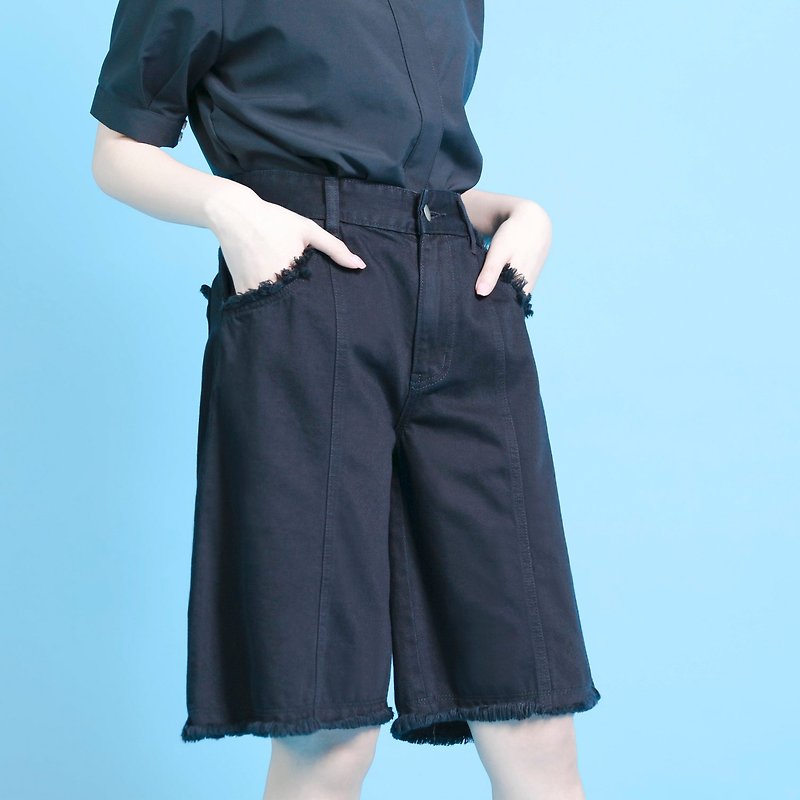Resolve cropped denim shorts _6SF309_ black - กางเกงขายาว - ผ้าฝ้าย/ผ้าลินิน สีดำ