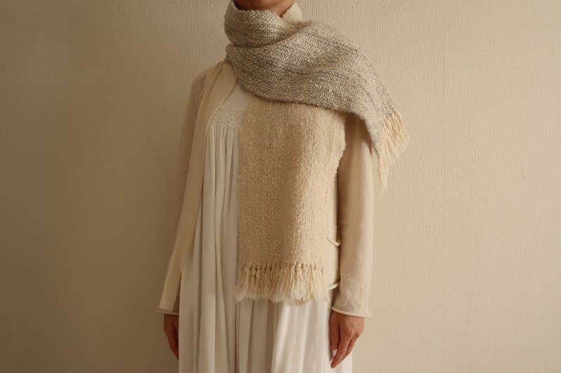 手織りマフラー　wool　gray×white　gift　情人節　生日禮物　春節　Shawl (S) 49 - 絲巾 - 羊毛 灰色