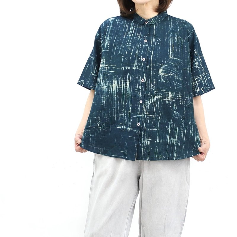 Indian cotton blouse, open front, short length, drop shoulder, vegetable dyed, indigo dyed - เสื้อเชิ้ตผู้หญิง - ผ้าฝ้าย/ผ้าลินิน สีเขียว