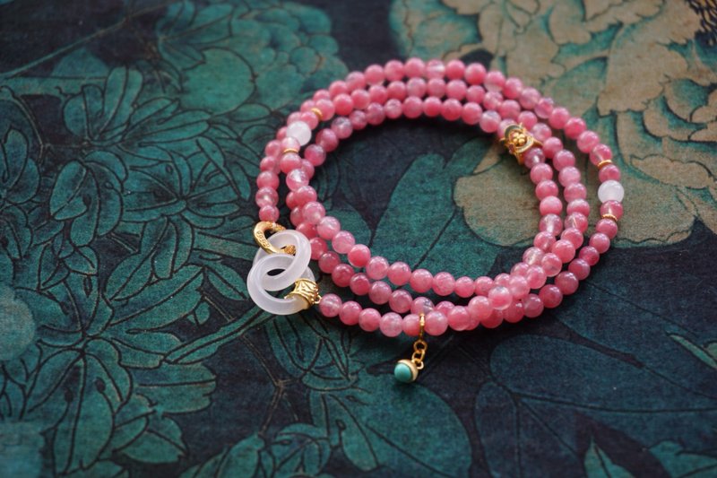 Natural Cherry Blossom Rain Bracelet with 925 Silver Inlaid Hetian White Jade Interlocking Rings | Birthday Gift for Women - สร้อยข้อมือ - หยก 