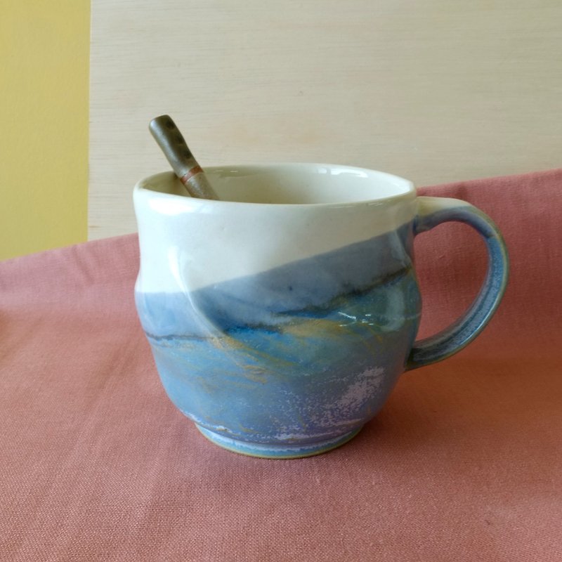 藍色漸層 扭扭陶杯/手把杯/咖啡杯 手工限量 - 咖啡杯/馬克杯 - 陶 藍色
