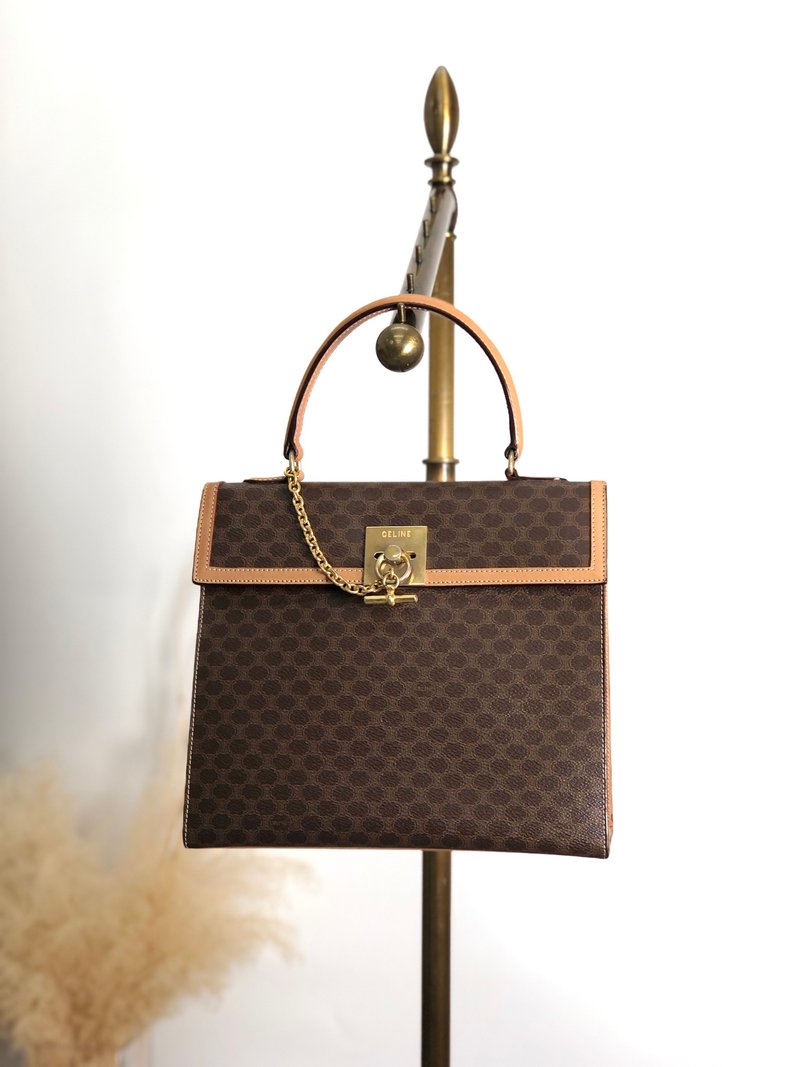 【 日本直送　名牌中古包 】CELINE セリーヌ マカダム ハンドバッグ ブラウン ガンチーニ PVCレザー トップハンドル vintage njpk8x - 手提包/手提袋 - 防水材質 咖啡色