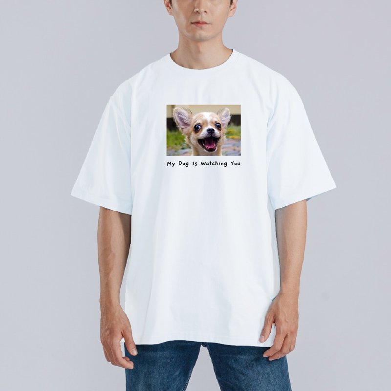 Dog | Pet | Custom Photo Upload | My Dog Is Watching You | T-shirt | Group Apparel | Kids' Wear | Short Sleeve | White Tee - เสื้อยืดผู้ชาย - ผ้าฝ้าย/ผ้าลินิน หลากหลายสี