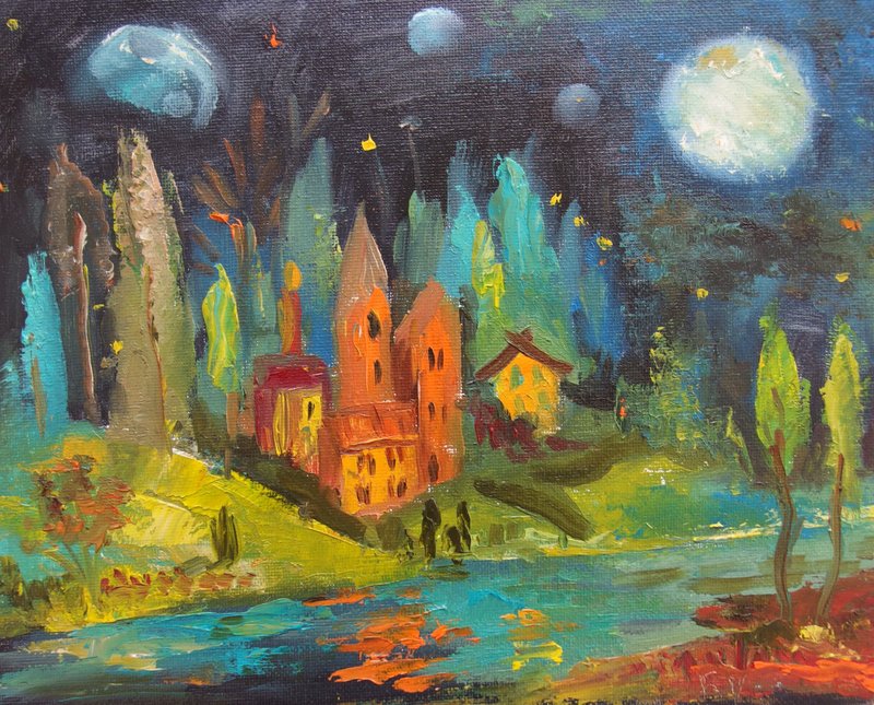 Oil painting impasto - night life - fantasy village in the forest under moon - 壁貼/牆壁裝飾 - 其他材質 黑色