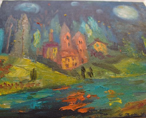 (値下げ中)狩野守　厚塗り　油絵 油絵厚塗り - ナイトライフ - 月の下の森の幻想的な村 - ショップ