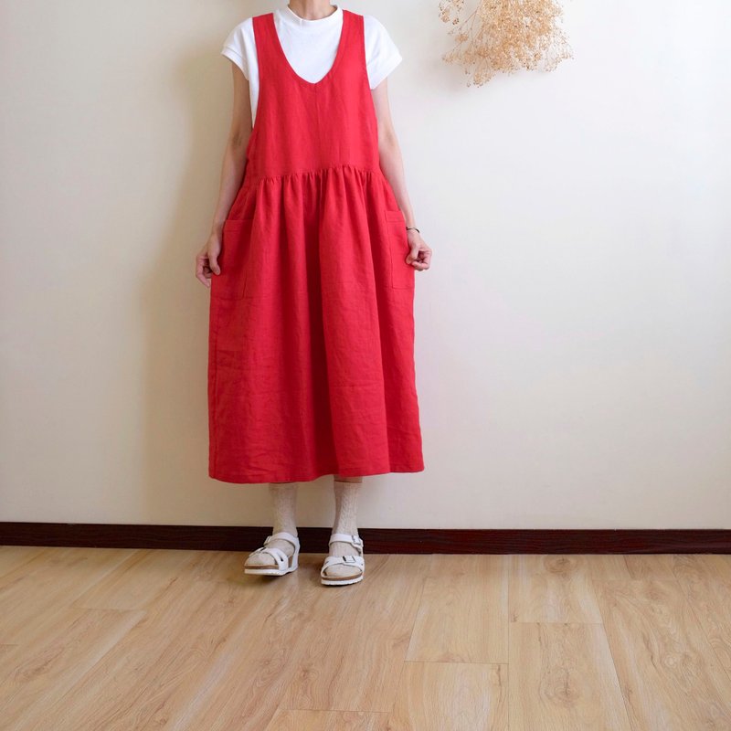 日常手作服  熱情元氣紅亞麻口袋背心洋裝  亞麻 - 洋裝/連身裙 - 棉．麻 紅色