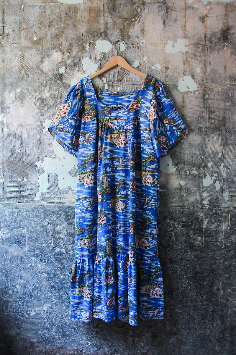 Curly Department Store-Vintage Blue Hawaiian Pattern Bud Sleeve Dress Retro - One Piece Dresses - Cotton & Hemp 