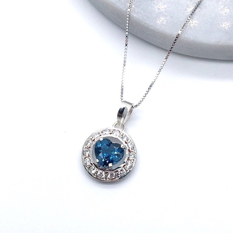 Blue Topaz heart stone inlay sterling silver with zircon necklace Nepal handmade mosaic - Necklaces - Gemstone Blue
