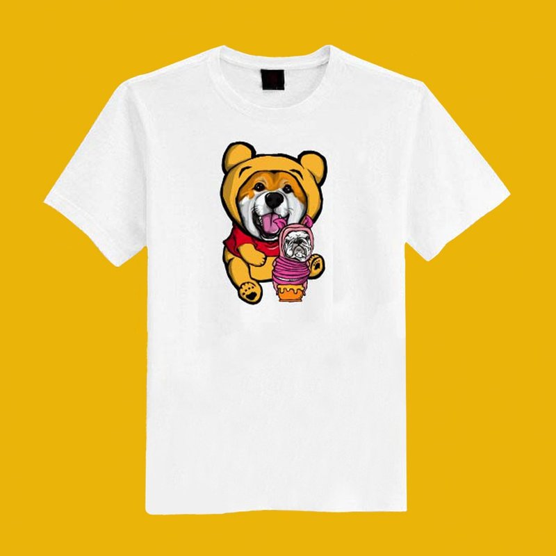 Piglet Winnie Shiba Inu dog illustration original white short T clothes T-shirt couples clothing children's clothing mother and daughter - เสื้อยืดผู้หญิง - ผ้าฝ้าย/ผ้าลินิน ขาว