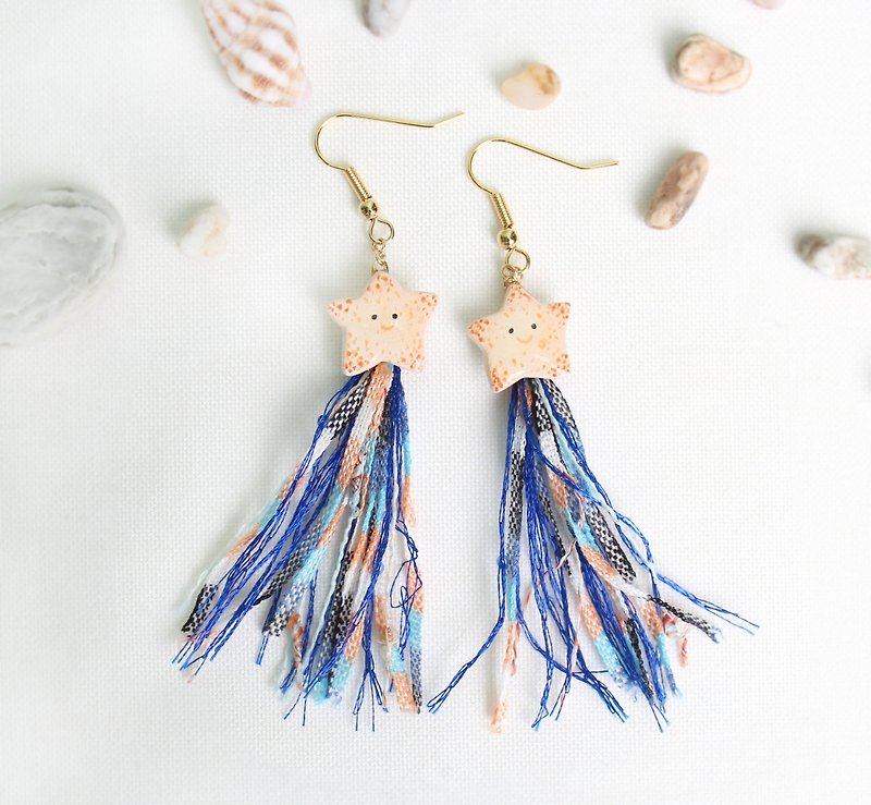 Starfish tassel earrings earrings / orange / ocean / stars / hand-painted / can be modified ear clip - Earrings & Clip-ons - Clay Orange
