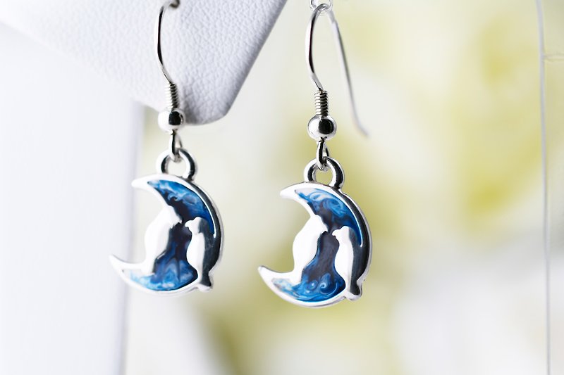 Enamel Painted Series Love Mum Moon Shaped Hook Earrings Blue/Yellow (ERIJA0816E) - Earrings & Clip-ons - Silver Silver