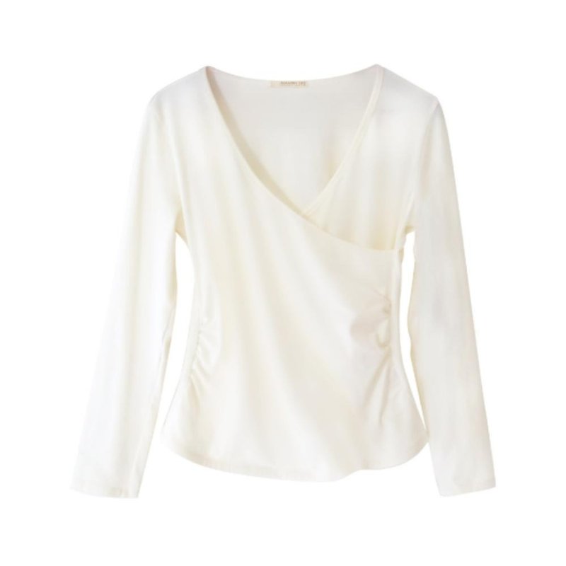 女裝前交叉長袖上衣 -米白 F - 女裝上衣 - 棉．麻 白色