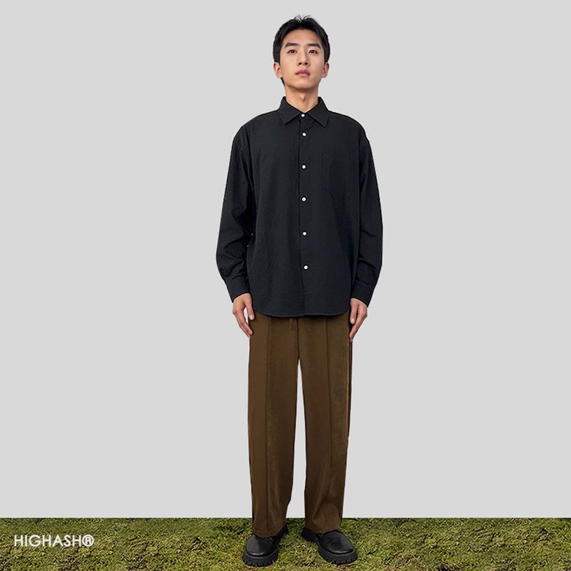 松緊腰休閒微寬松CHIC光澤肌理垂墜感微喇西裝褲長褲 - 男長褲/休閒褲 - 聚酯纖維 咖啡色