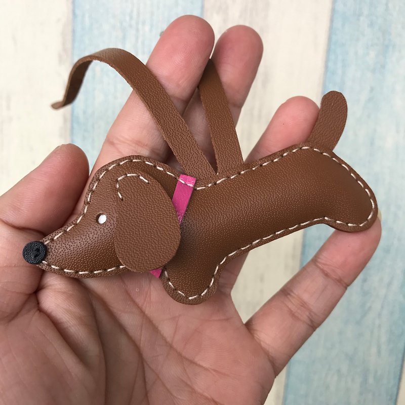 Brown cute dachshund pure hand-stitched leather charm small size - Keychains - Genuine Leather Brown