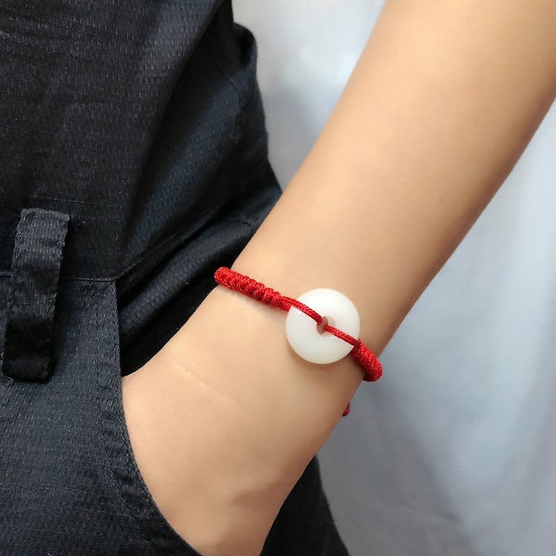 Lucky Diffuser Chain Bracelet - White Jade Color - Adjustable Red Cord Braid Donut Craft Jewelry - Bracelets - Glass White