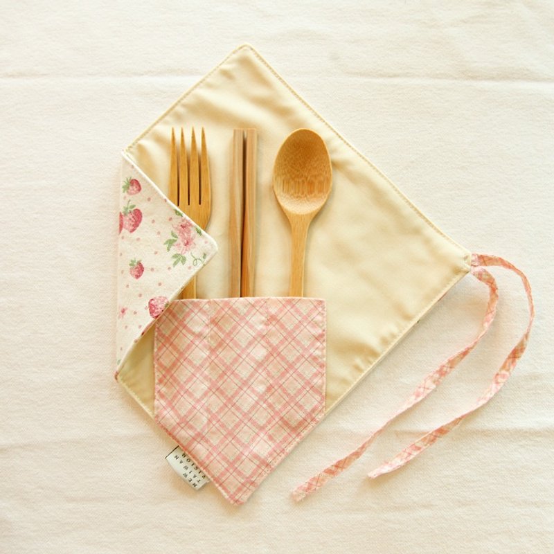 【一角餐具組】- 日日草莓季 - 綿質 可愛 草莓 環保 筷套 - 筷子/筷架 - 棉．麻 粉紅色