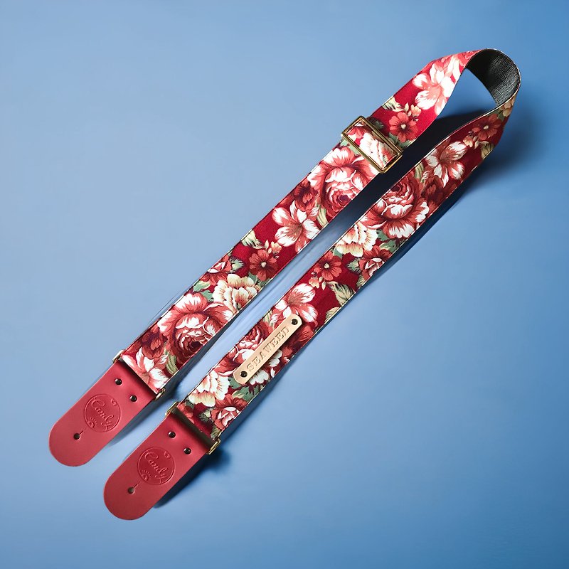 Red Flora  Guitar Strap, Genuine Leather Guitar Strap - Other - Cotton & Hemp Red