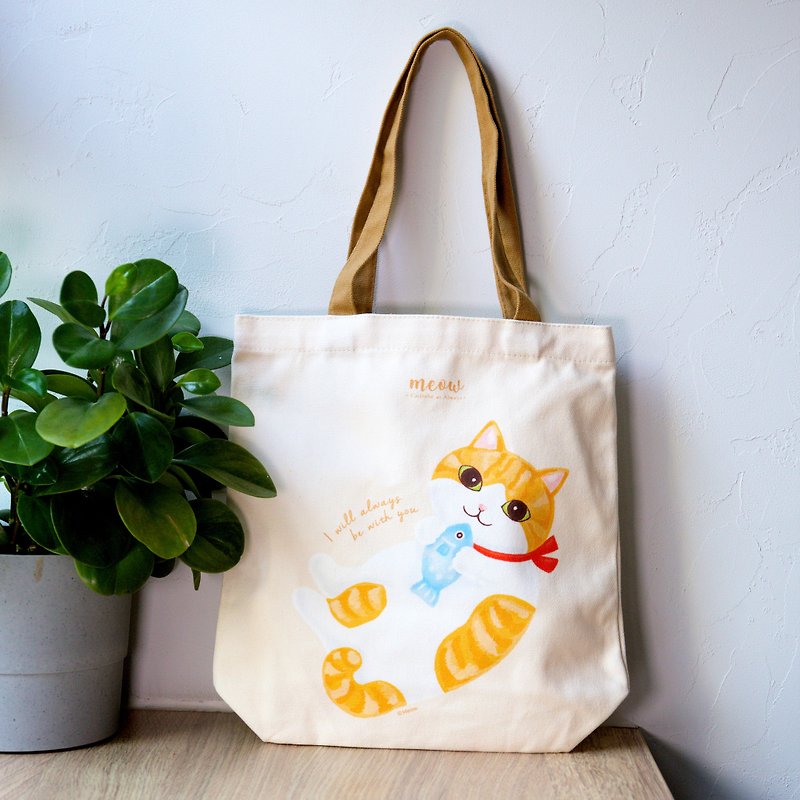 Meow cat love fish tote bag - กระเป๋าแมสเซนเจอร์ - วัสดุอื่นๆ ขาว