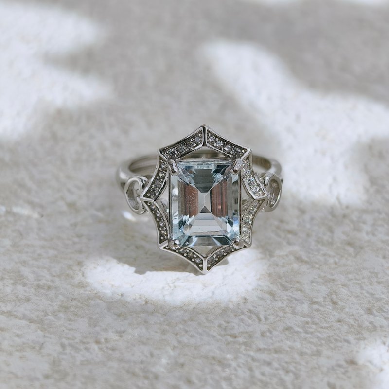 Natural aquamarine sea sapphire sterling silver ring shield design windless aquamarine - General Rings - Gemstone 