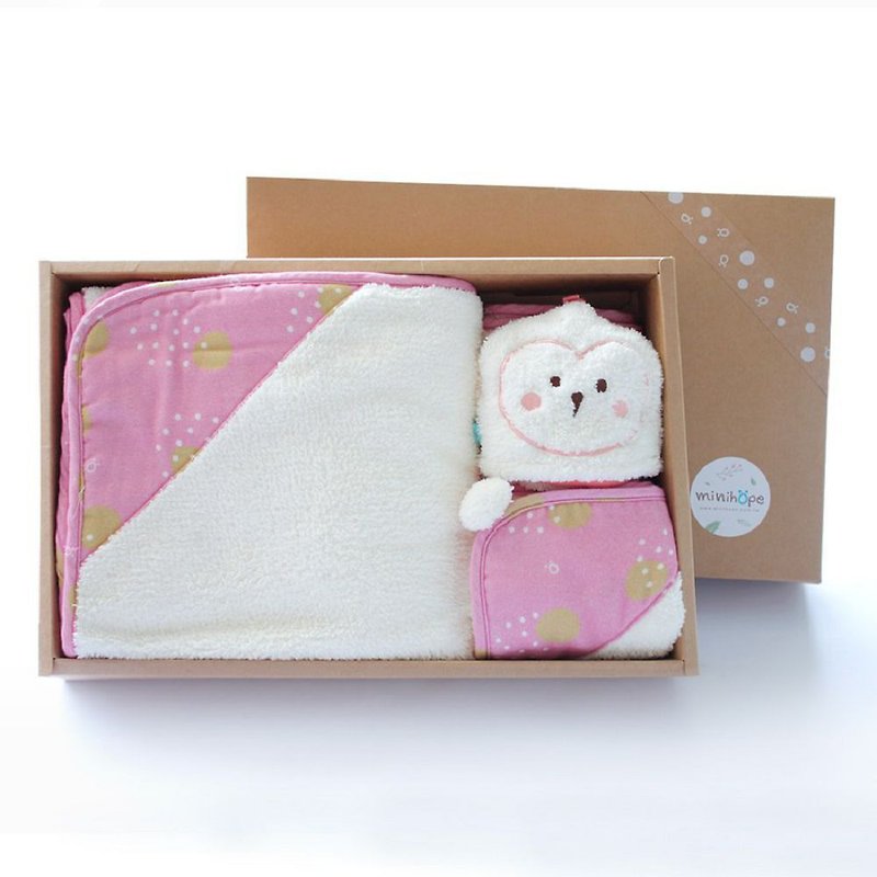 [Preferred Gifts] Warm Grass Owl Gift Box - Three-piece Set (Furry Handkerchief + Ball Towel + Peng Peng Blanket) - Baby Gift Sets - Polyester Pink