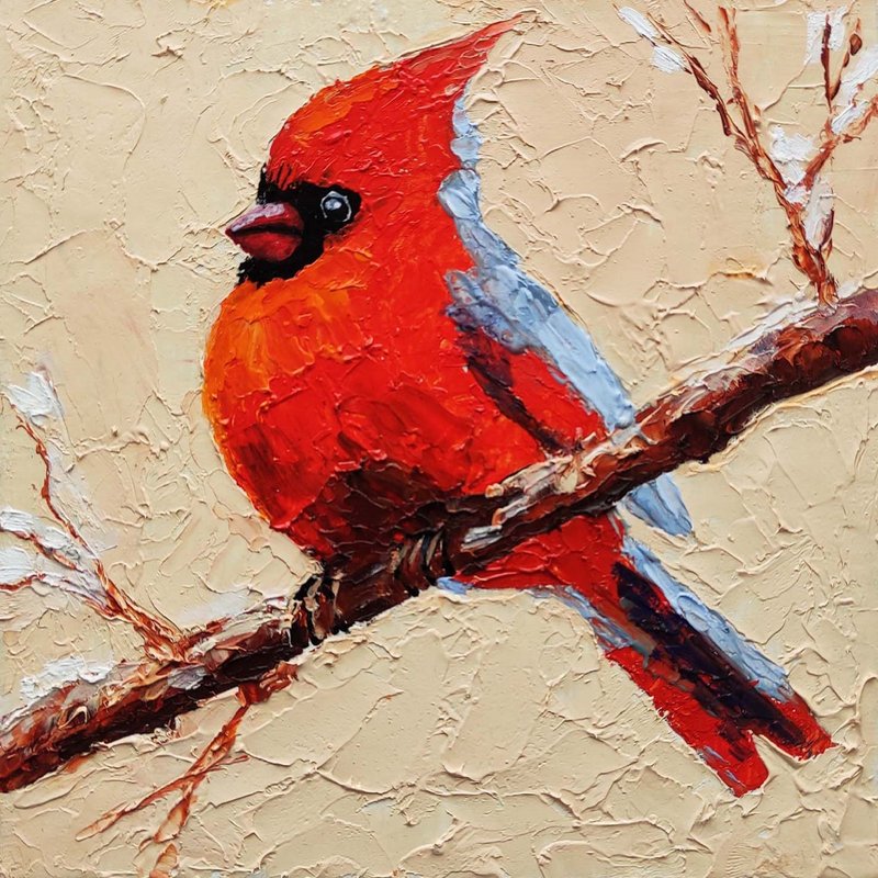 Cardinal Original Oil Painting Red Bird on Branch Wall Art Mini Art 手工油畫  油畫原作 - 海報/掛畫/掛布 - 其他材質 多色
