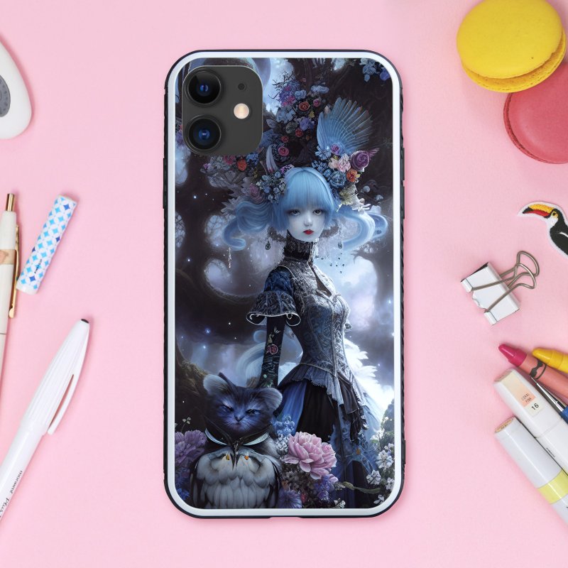 A cute witch with dark gothic clothes and flowing blue hair, animals and flower lover smartphone case [tempered glass finish] compatible with iPhone 16 - เคส/ซองมือถือ - พลาสติก หลากหลายสี