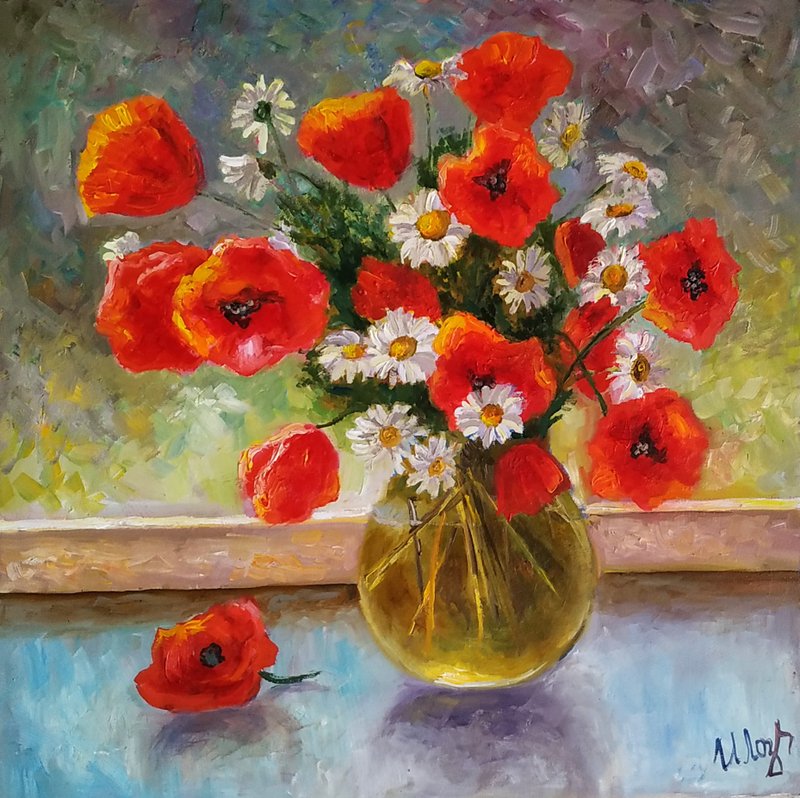 Poppy and Daisy Painting Original Art Flowers Bouquet Floral Still Life Artwork - โปสเตอร์ - วัสดุอื่นๆ สีแดง