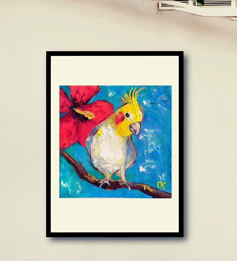 手繪油畫/ 小畫/ 繪畫/ 手繪油畫/ 黃色的鳥 Parrot Painting Funny Bird Original Art Animal Wall art - Posters - Eco-Friendly Materials Multicolor