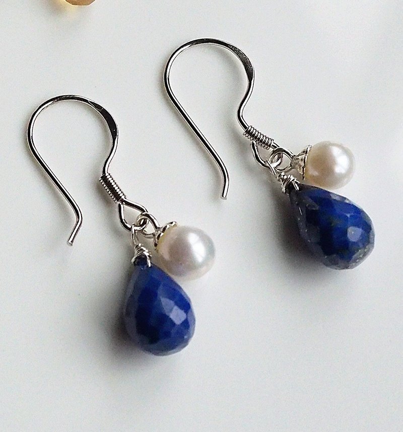 Blue Glass, Mermaid Tears | Lapis Lazuli, Freshwater Pearl 925 Sterling Silver Earrings - ต่างหู - เครื่องประดับพลอย สีน้ำเงิน