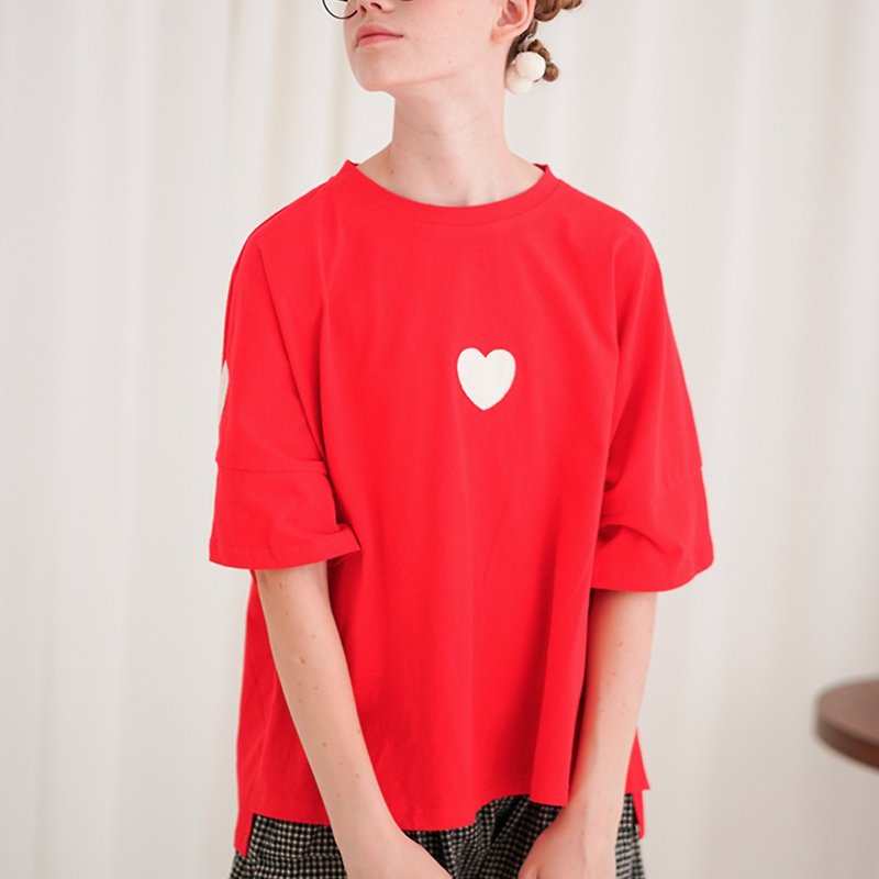 Heart Heart Red T-shirt-imakokoni - Women's Tops - Cotton & Hemp Red